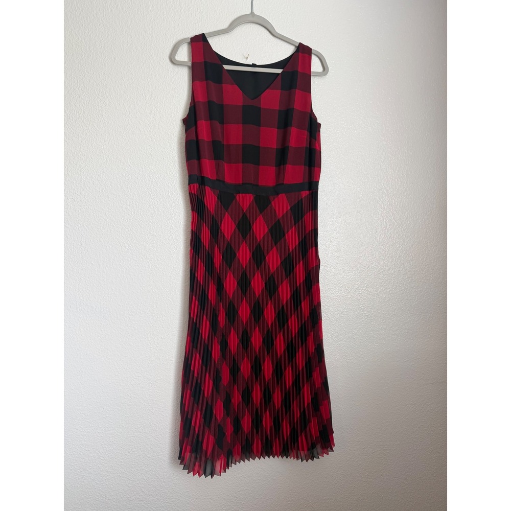 Talbots Red Black Buffalo Plaid Pleated Midi Dress Sleeveless V-Neck Size 8 - Picture 4 of 10